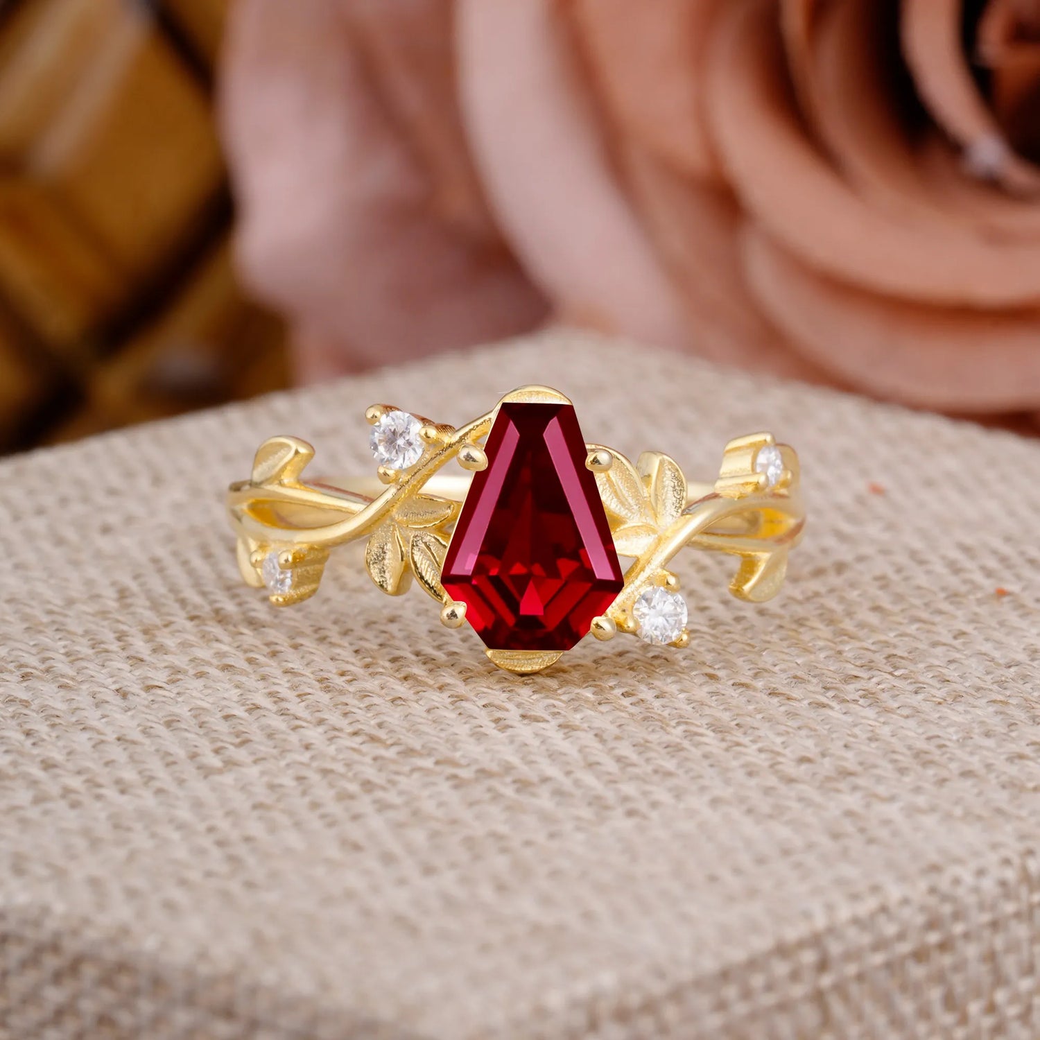 Nature Inspired 4 Prong Coffin-Cut Ruby Engagement Ring