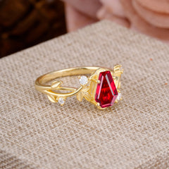Nature Inspired 4 Prong Coffin-Cut Ruby Engagement Ring
