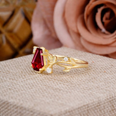 Nature Inspired 4 Prong Coffin-Cut Ruby Engagement Ring