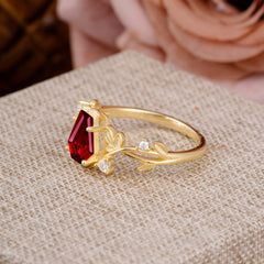 Nature Inspired 4 Prong Coffin-Cut Ruby Engagement Ring