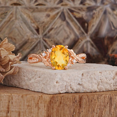 Nature Inspired 4 Prong Golden Vine Oval Cut Citrine Ring