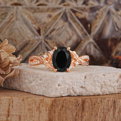 Nature Inspired 4 Prong Golden Vine Oval Cut Black Onyx Ring