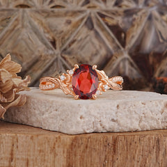 Nature Inspired 4 Prong Golden Vine Oval Cut Natural Garnet Ring