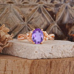 Nature Inspired 4 Prong Golden Vine Oval Cut Natural Amethyst Ring