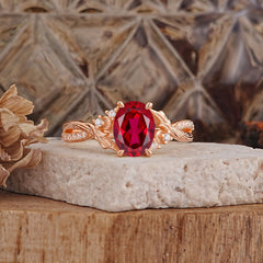 Nature Inspired 4 Prong Golden Vine Oval Cut Ruby Ring