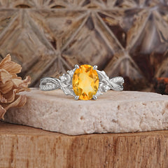 Nature Inspired 4 Prong Golden Vine Oval Cut Citrine Ring