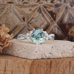 Nature Inspired 4 Prong Golden Vine Oval Cut Natural Moss Agate Ring