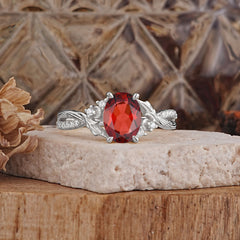 Nature Inspired 4 Prong Golden Vine Oval Cut Natural Garnet Ring