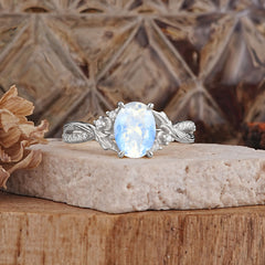 Nature Inspired 4 Prong Golden Vine Oval Cut Moonstone Ring