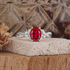 Nature Inspired 4 Prong Golden Vine Oval Cut Ruby Ring