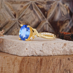 Nature Inspired 4 Prong Golden Vine Oval Cut Sapphire Ring