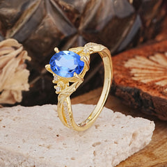 Nature Inspired 4 Prong Golden Vine Oval Cut Sapphire Ring