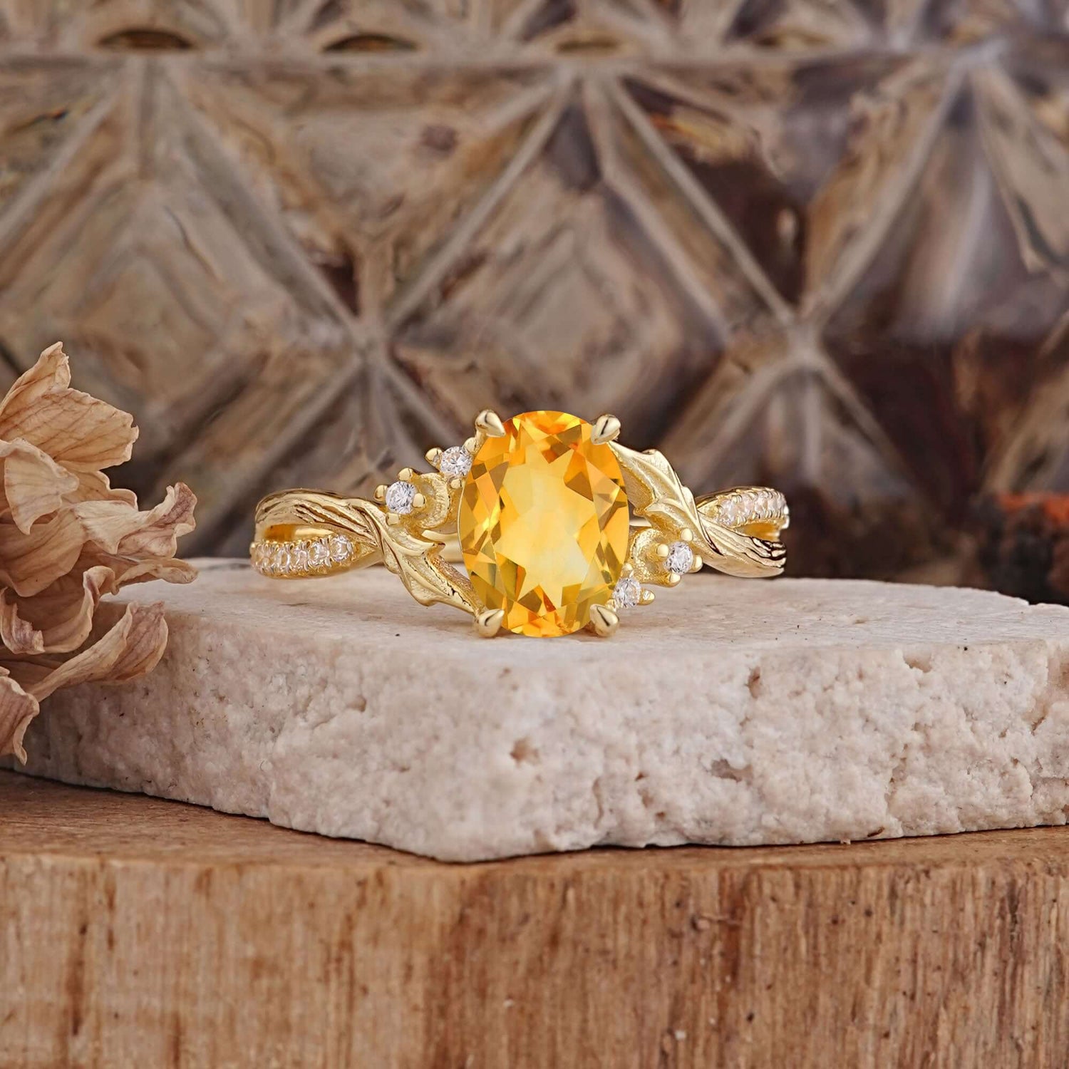 Nature Inspired 4 Prong Golden Vine Oval Cut Citrine Engagement Ring