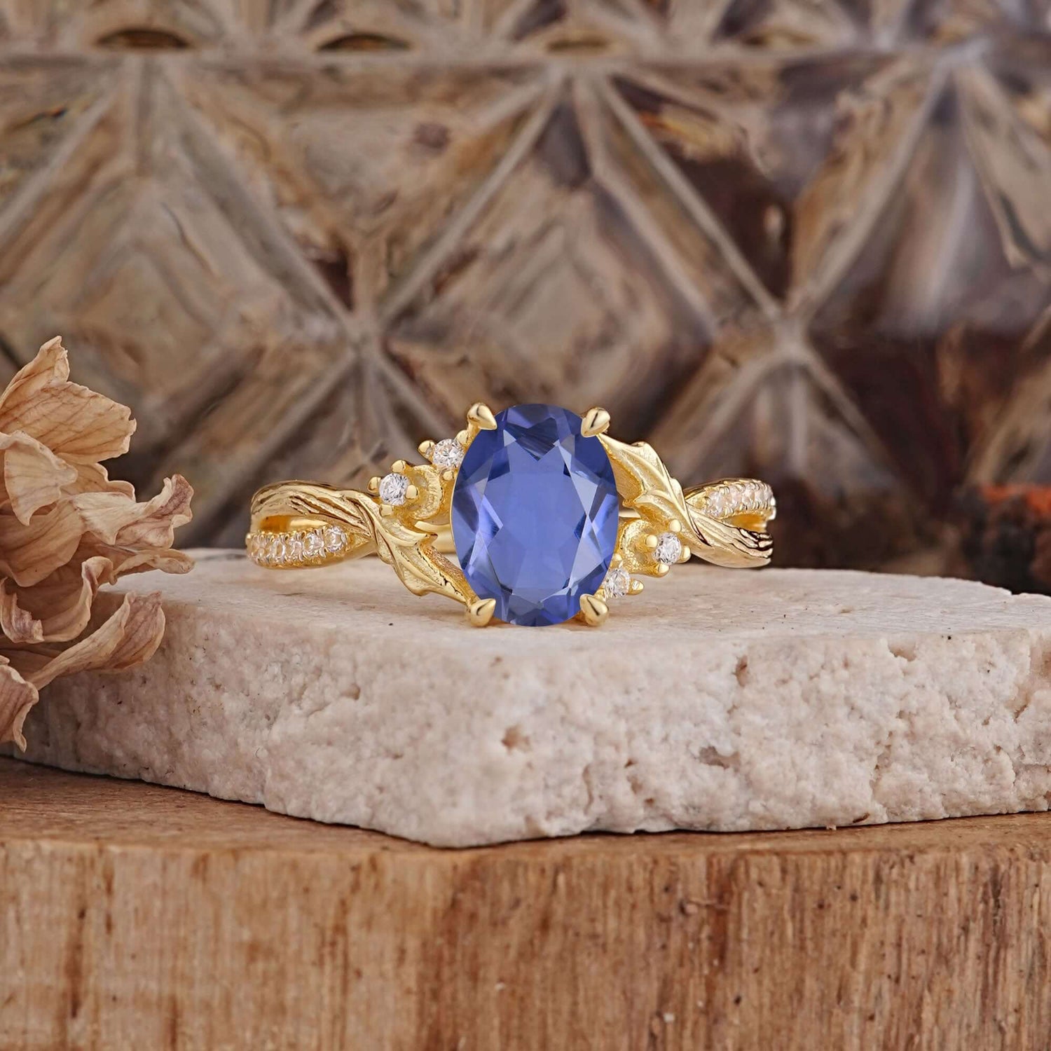 Nature Inspired 4 Prong Golden Vine Oval Cut Tanzanite Engagement Ring