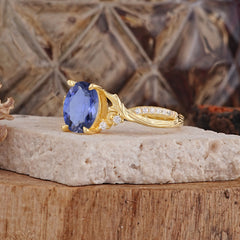 Nature Inspired 4 Prong Golden Vine Oval Cut Tanzanite Ring