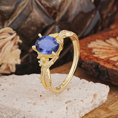 Nature Inspired 4 Prong Golden Vine Oval Cut Tanzanite Ring