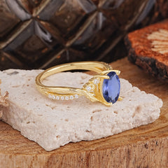 Nature Inspired 4 Prong Golden Vine Oval Cut Tanzanite Ring