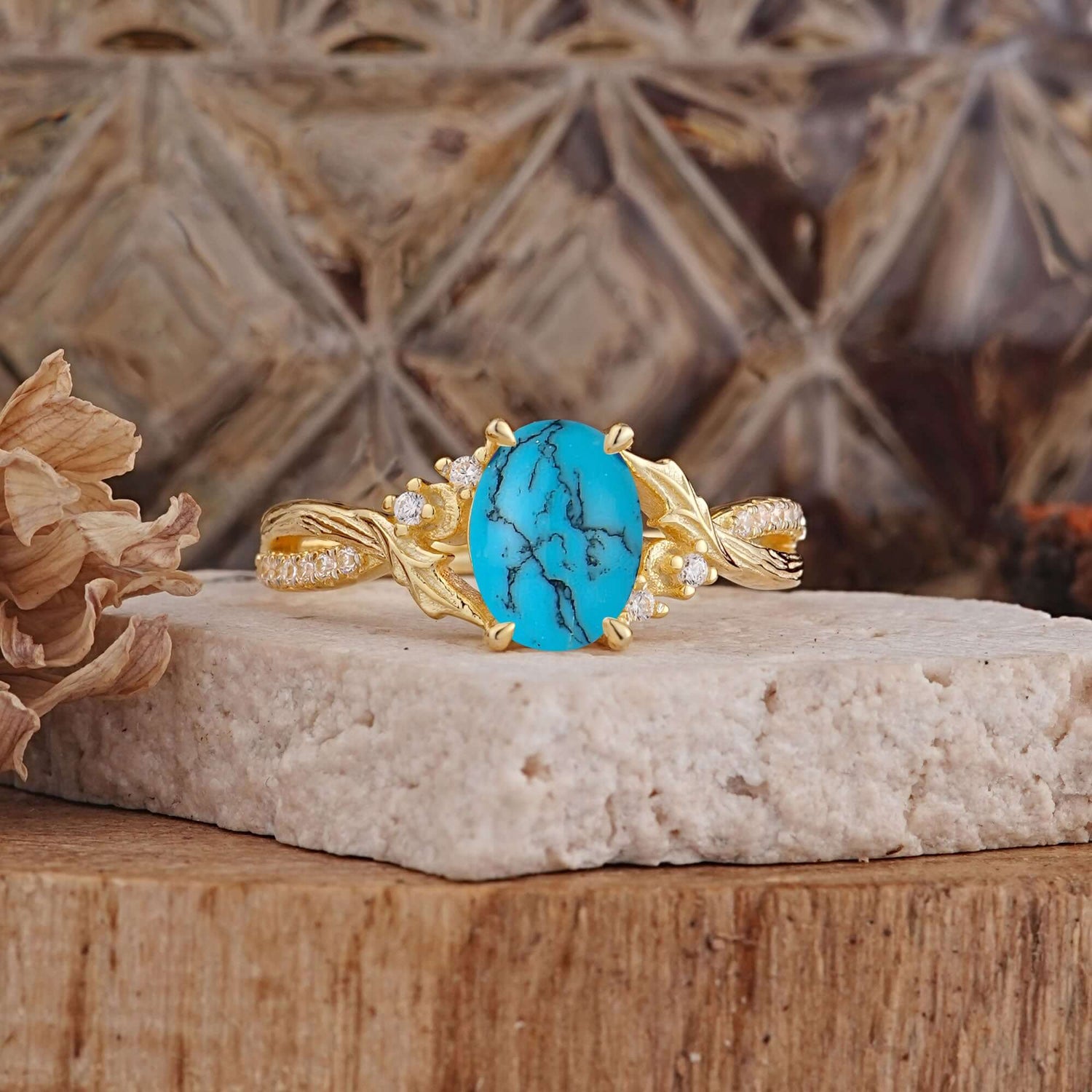 Nature Inspired 4 Prong Golden Vine Oval Cut Turquoise Engagement Ring