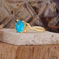 Nature Inspired 4 Prong Golden Vine Oval Cut Turquoise Ring