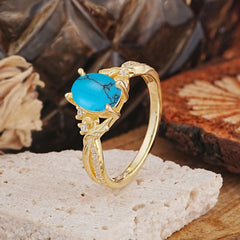 Nature Inspired 4 Prong Golden Vine Oval Cut Turquoise Ring
