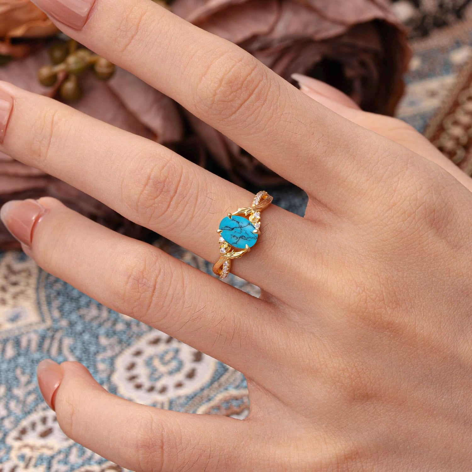 Nature Inspired 4 Prong Golden Vine Oval Cut Turquoise Engagement Ring