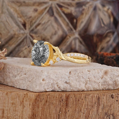 Nature Inspired 4 Prong Golden Vine Oval Cut Black Rutilated Quartz Ring