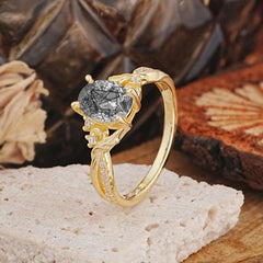 Nature Inspired 4 Prong Golden Vine Oval Cut Black Rutilated Quartz Ring