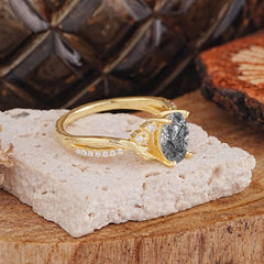 Nature Inspired 4 Prong Golden Vine Oval Cut Black Rutilated Quartz Ring
