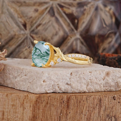 Nature Inspired 4 Prong Golden Vine Oval Cut Natural Moss Agate Ring