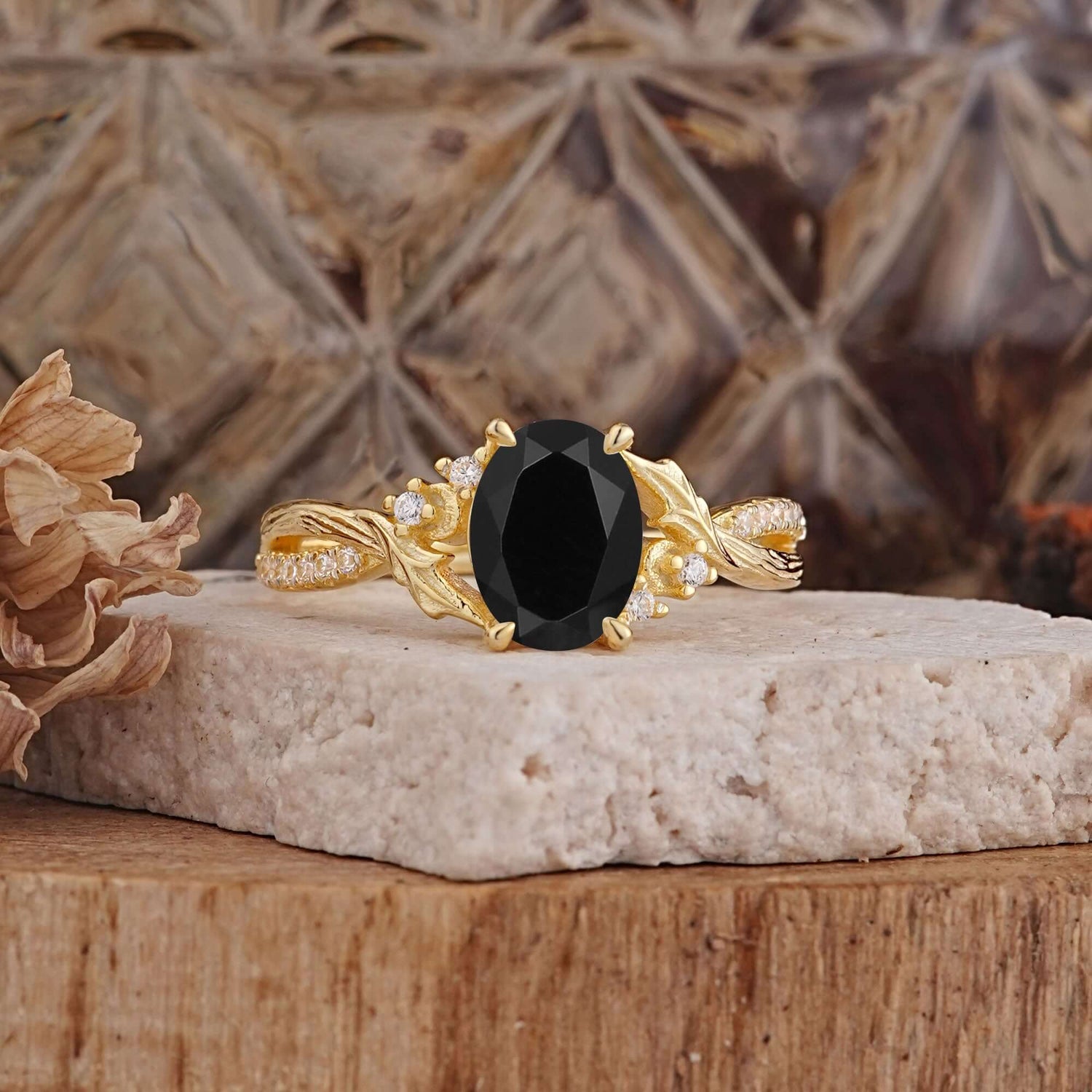 Nature Inspired 4 Prong Golden Vine Oval Cut Black Onyx Engagement Ring