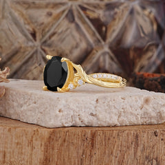 Nature Inspired 4 Prong Golden Vine Oval Cut Black Onyx Ring