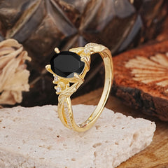 Nature Inspired 4 Prong Golden Vine Oval Cut Black Onyx Ring