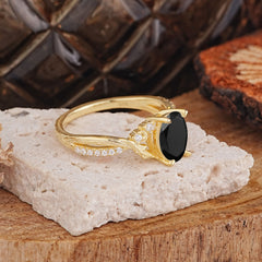Nature Inspired 4 Prong Golden Vine Oval Cut Black Onyx Ring