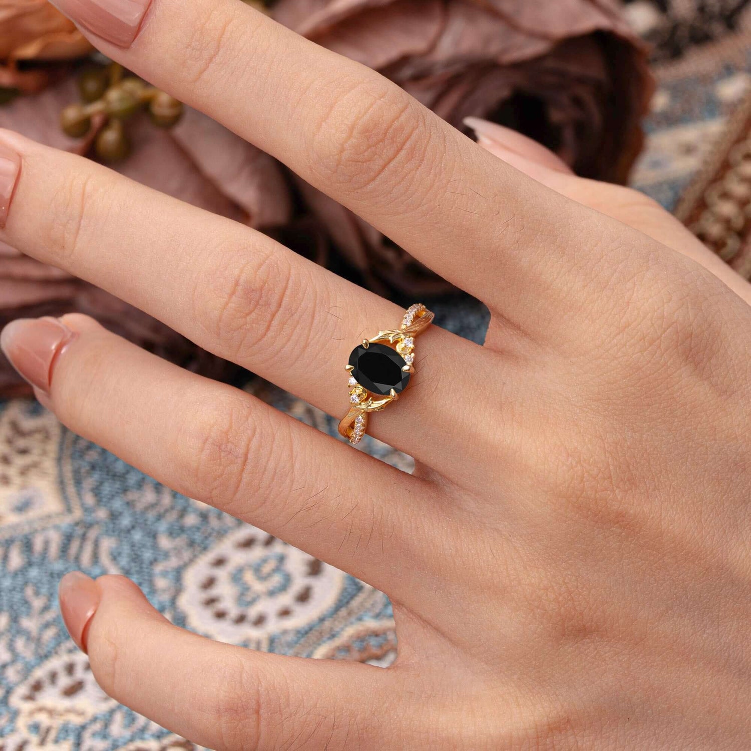 Nature Inspired 4 Prong Golden Vine Oval Cut Black Onyx Engagement Ring