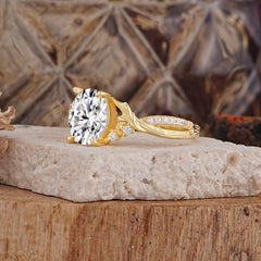 Nature Inspired 4 Prong Golden Vine Oval Cut Lab Diamond Ring