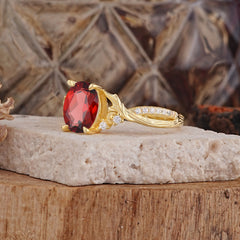 Nature Inspired 4 Prong Golden Vine Oval Cut Natural Garnet Ring