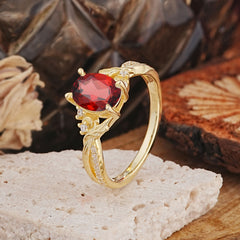 Nature Inspired 4 Prong Golden Vine Oval Cut Natural Garnet Ring