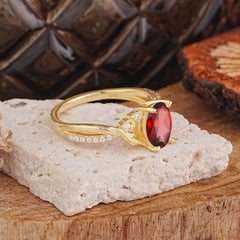 Nature Inspired 4 Prong Golden Vine Oval Cut Natural Garnet Ring