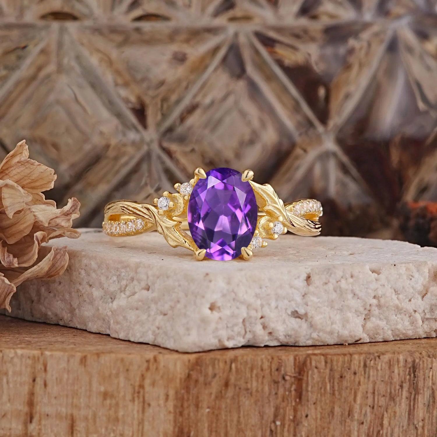 Nature Inspired 4 Prong Golden Vine Oval Cut Natural Amethyst Engagement Ring