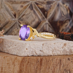 Nature Inspired 4 Prong Golden Vine Oval Cut Natural Amethyst Ring