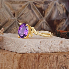 Nature Inspired 4 Prong Golden Vine Oval Cut Natural Amethyst Ring