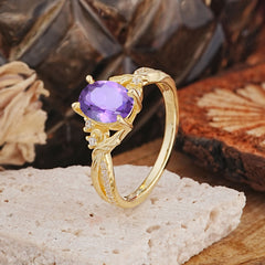 Nature Inspired 4 Prong Golden Vine Oval Cut Natural Amethyst Ring