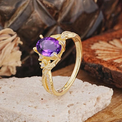 Nature Inspired 4 Prong Golden Vine Oval Cut Natural Amethyst Ring