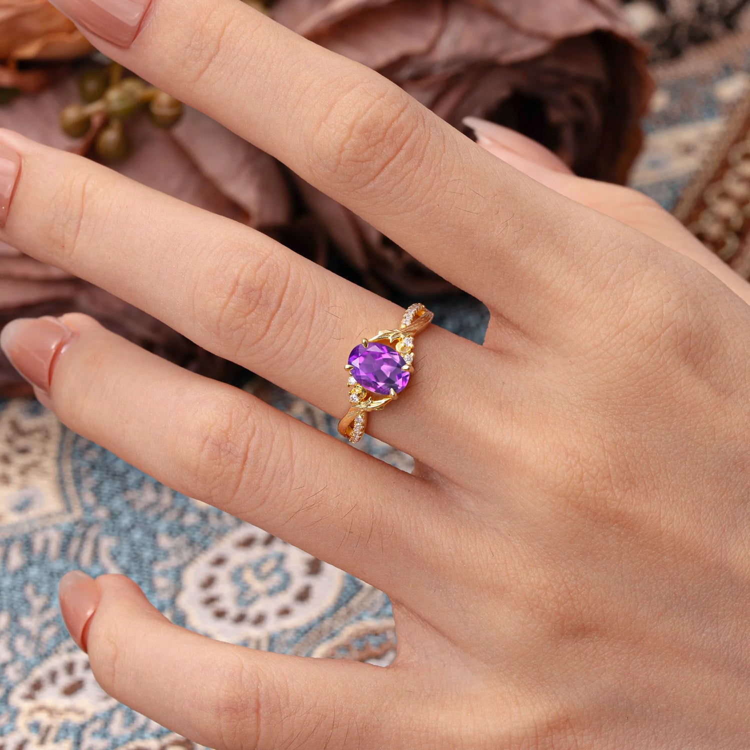 Nature Inspired 4 Prong Golden Vine Oval Cut Natural Amethyst Engagement Ring