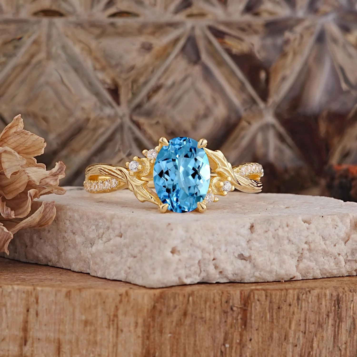 Nature Inspired 4 Prong Golden Vine Oval Cut Aquamarine Engagement Ring