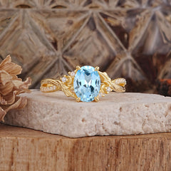 Nature Inspired 4 Prong Golden Vine Oval Cut Aquamarine Ring