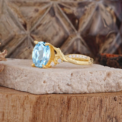 Nature Inspired 4 Prong Golden Vine Oval Cut Aquamarine Ring