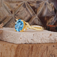 Nature Inspired 4 Prong Golden Vine Oval Cut Aquamarine Ring