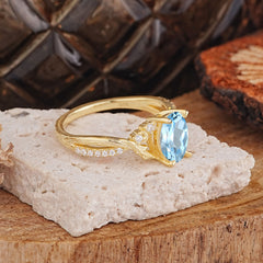 Nature Inspired 4 Prong Golden Vine Oval Cut Aquamarine Ring