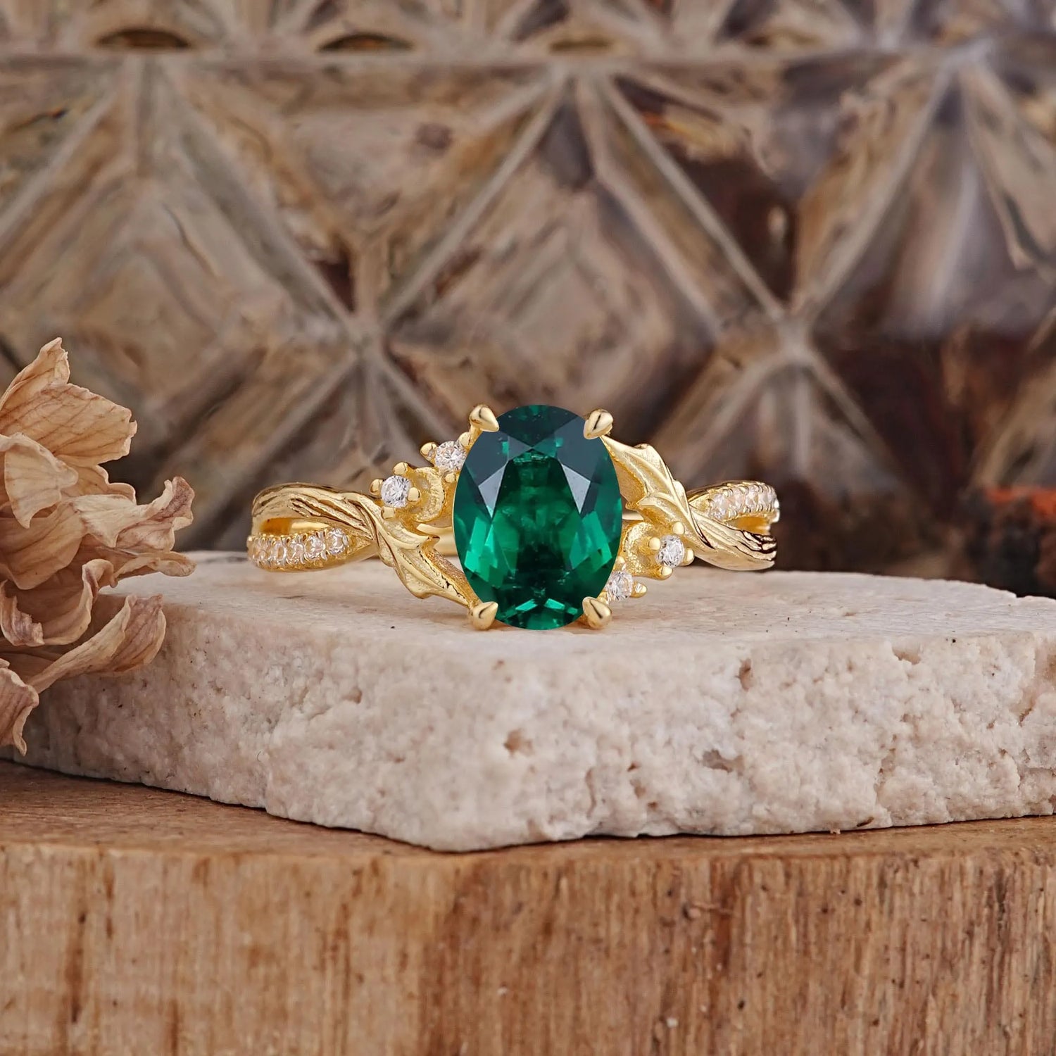 Nature Inspired 4 Prong Golden Vine Oval Cut Emerald Engagement Ring